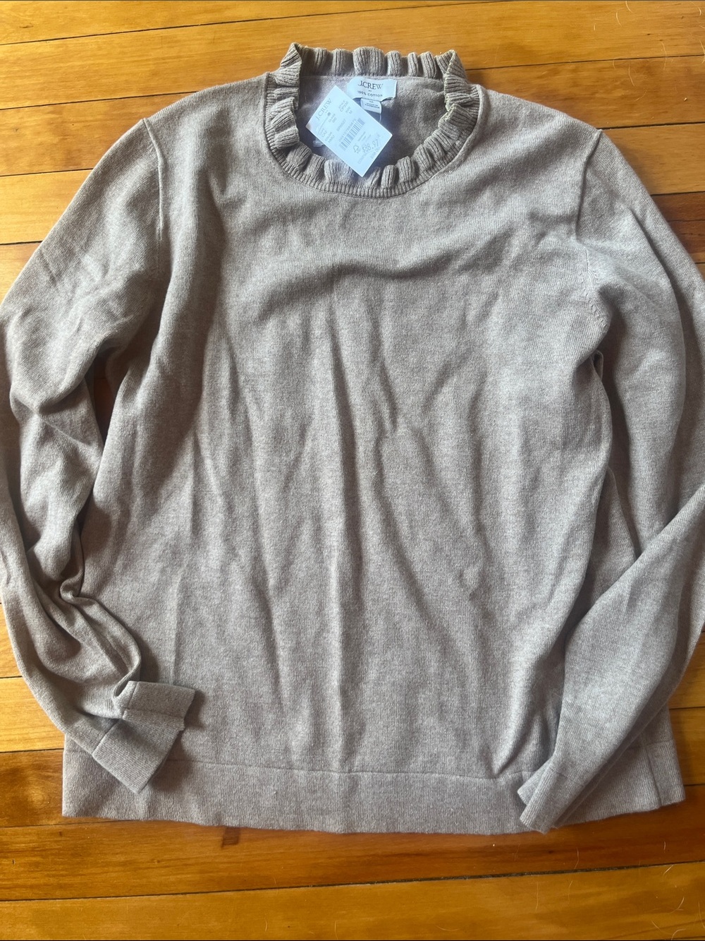 J. Crew Taupe Ruffle-Trim Crewneck Sweater
